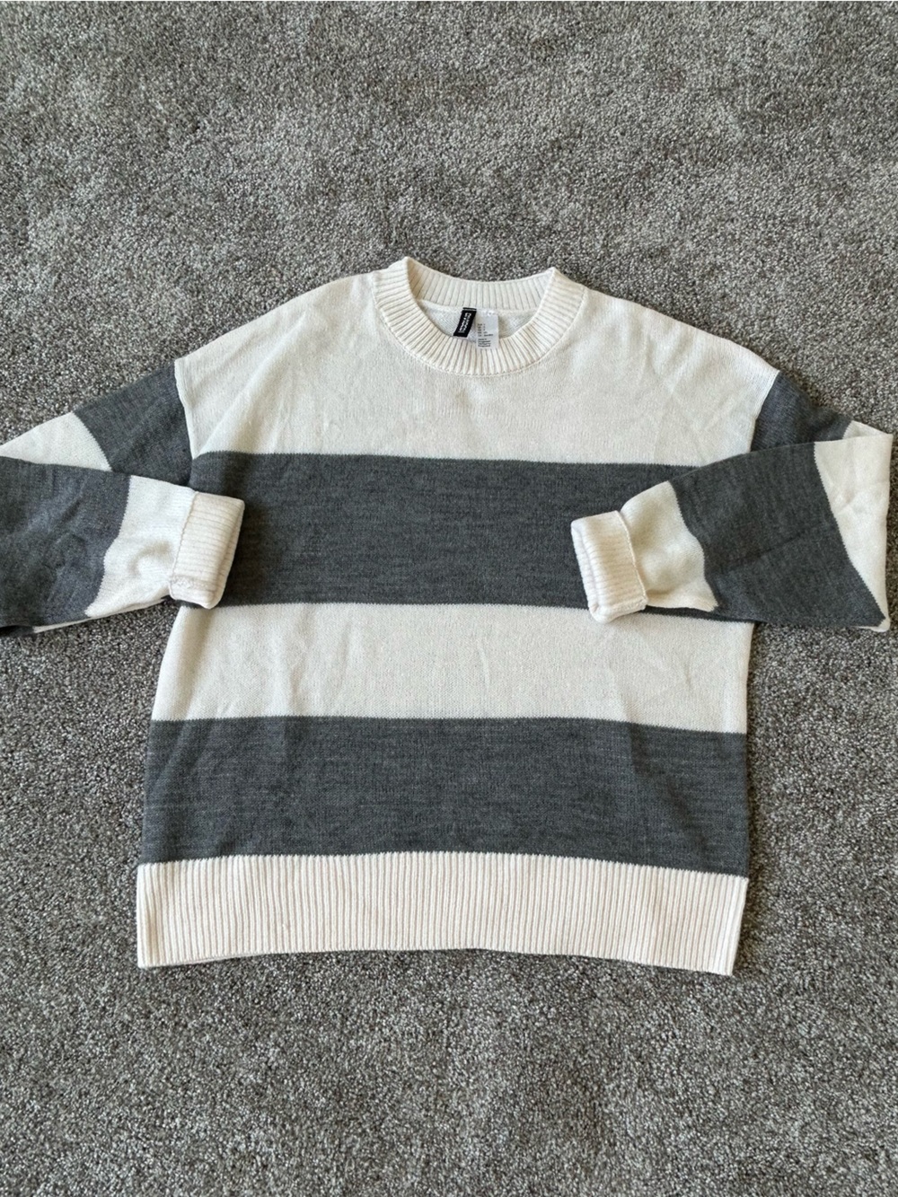 Striped Crewneck Sweater in White and Gray